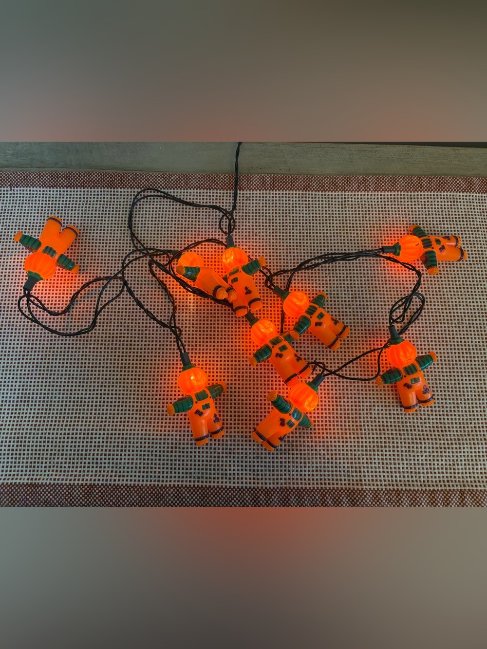 Vintage String Lights Pumpkin Head Scarecrow 10 hard Plastic Lights WORKS hallow
